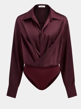 NWT Collared Draped Satin Long Sleeve Bodysuit in Deep Burgundy - Women's Top